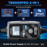 TOPDON TB6000Pro Smart Battery Charger & Tester – 6V/12V Lead-Acid & 12V Lithium, 9-Step Smart Charging, Bluetooth App Control, Pre/Post Test Reports, IP65 Waterproof, Professional & DIY Use