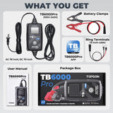 TOPDON TB6000Pro Smart Battery Charger & Tester – 6V/12V Lead-Acid & 12V Lithium, 9-Step Smart Charging, Bluetooth App Control, Pre/Post Test Reports, IP65 Waterproof, Professional & DIY Use