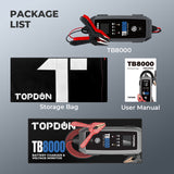 TB8000 – Versatile battery charger for cars, bikes, trucks, and more. Supports AGM, LI, WET, GEL, MF, CAL, EFB batteries with 6 modes, 9-step smart charging, IP65 protection, and 15–260Ah capacity.