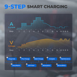 TB8000 – Versatile battery charger for cars, bikes, trucks, and more. Supports AGM, LI, WET, GEL, MF, CAL, EFB batteries with 6 modes, 9-step smart charging, IP65 protection, and 15–260Ah capacity.