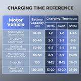 TB8000 – Versatile battery charger for cars, bikes, trucks, and more. Supports AGM, LI, WET, GEL, MF, CAL, EFB batteries with 6 modes, 9-step smart charging, IP65 protection, and 15–260Ah capacity.