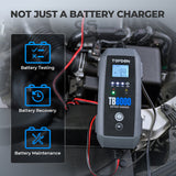 TB8000 – Versatile battery charger for cars, bikes, trucks, and more. Supports AGM, LI, WET, GEL, MF, CAL, EFB batteries with 6 modes, 9-step smart charging, IP65 protection, and 15–260Ah capacity.