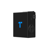 Black PulseQ NEMA splitter with blue "T" logo on front and electrical outlet on side.