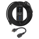Black portable EV charger with coiled cable, control box with display screen, and separate power cord with connectors.
