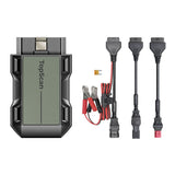 TopScan Moto diagnostic device with green display, black housing, battery clamps, and three connector cables.
