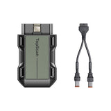 TopScan Moto diagnostic scanner with green display and black rubber grip, plus Y-shaped connector cable with dual ports.