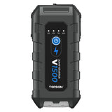 TOPDON V1500: Portable 1500A jump starter for 12V batteries up to 6.5L gas/4L diesel, doubles as a power bank, features 300-lumen LED, BOOST function, and 6 safety protections.