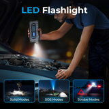 TOPDON V2200 – Portable 2200A peak jump starter and 16,000mAh power bank for 12V lead-acid batteries. Starts up to 8L gas or 6L diesel engines, powers electronics, and features a 300-lumen LED flashlight with SOS/strobe modes.