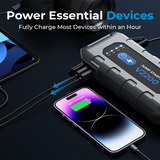 TOPDON V2200 – Portable 2200A peak jump starter and 16,000mAh power bank for 12V lead-acid batteries. Starts up to 8L gas or 6L diesel engines, powers electronics, and features a 300-lumen LED flashlight with SOS/strobe modes.