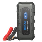 TOPDON V2200 – Portable 2200A peak jump starter and 16,000mAh power bank for 12V lead-acid batteries. Starts up to 8L gas or 6L diesel engines, powers electronics, and features a 300-lumen LED flashlight with SOS/strobe modes.