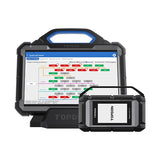 TOPDON diagnostic scanner with tablet display showing system function chart and handheld device with white screen.